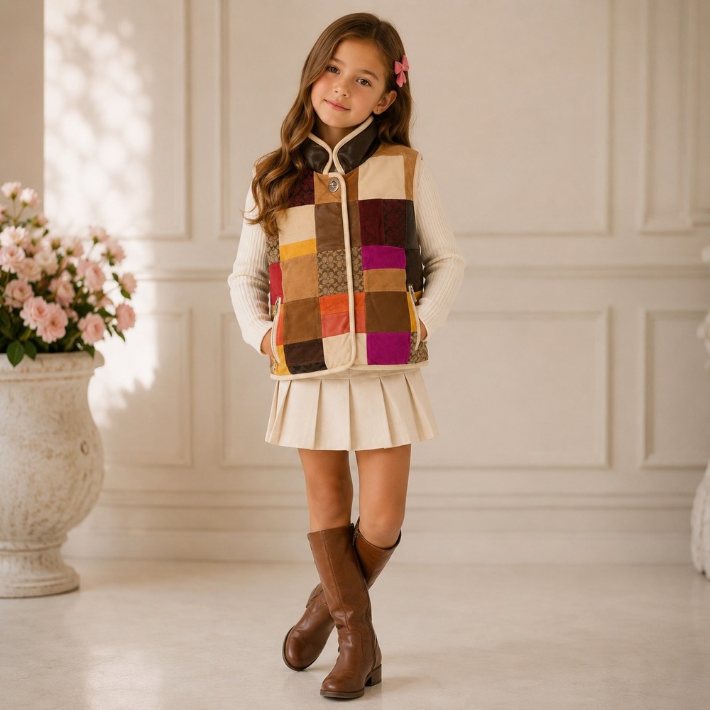 COACH Vintage Kids L Vest 100% LEATHER Patchwork Suede Signature Down Feather